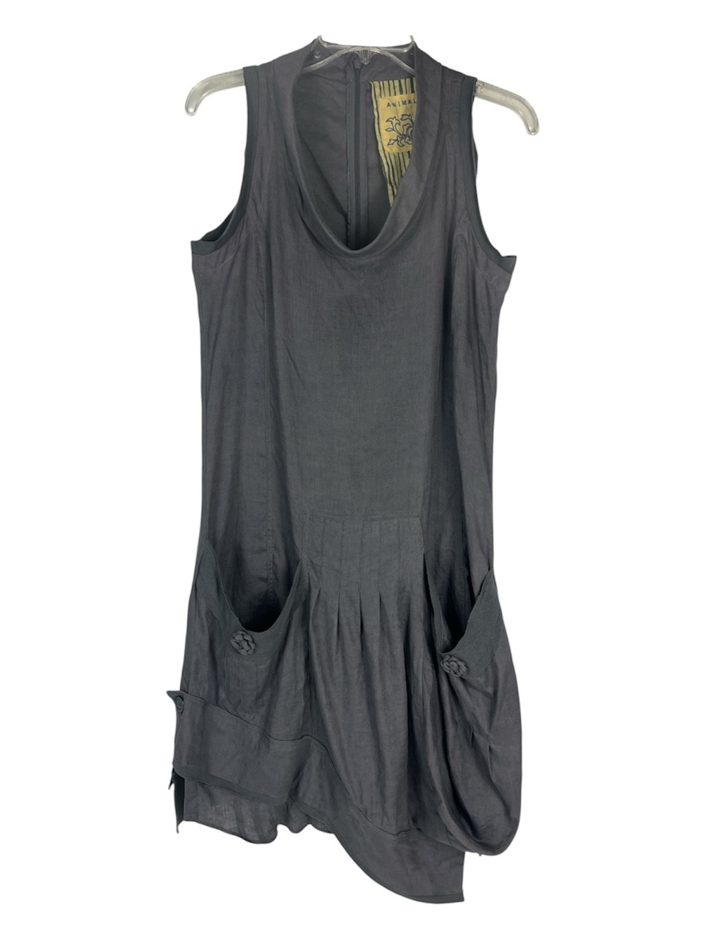 Animale Sz 8 Linen Dress Taupe/Gray Drop Waist Asymmetrical Hem Pockets - Picture 2 of 16